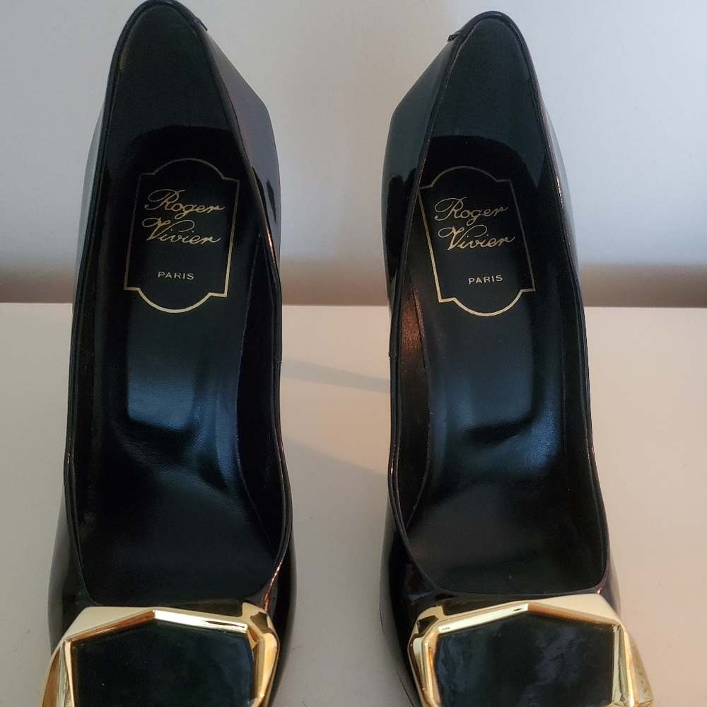 Vintage Roger Vivier black patent pumps with gold buckle